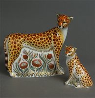 Lot 100 - Royal Crown Derby imari paperweight models of a Cheetah and Cub