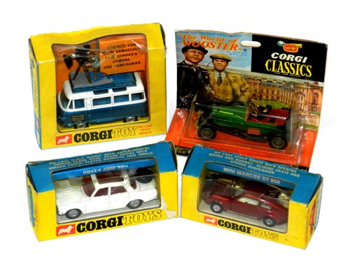 Lot 250 - Corgi Rover TC, Commer Camera Van, Mini Marcos & 'Wooster' Bentley (4)