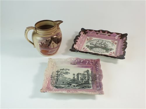Lot 38 - Two pink splashed lustre plaques and a jug