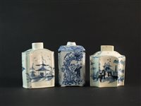 Lot 27 - A Dutch delft tea caddy and two English pearlware caddies