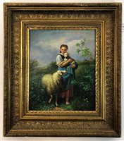 Lot 138 - Continental school, girl with a lamb