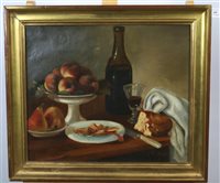 Lot 276 - British school, early 20th century, still life of fruit and wine, indistinctly signed, oil on canvas