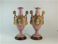 Lot 92 - A pair of French porcelain vases converted to lamps