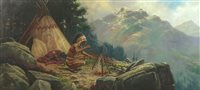 Lot 447 - Henry Moreau, Indian campfire scene, oil on board