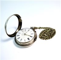 Lot 58 - Silver pair cased open pocket watch with albert.