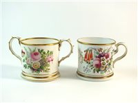 Lot 66 - A Derby porcelain commemorative mug and a twin handled mug