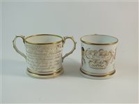 Lot 66 - A Derby porcelain commemorative mug and a twin handled mug
