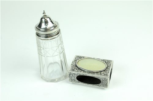 Lot 4 - A silver mounted sugar caster and match box holder