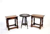 Lot 357 - Two oak joint stools and a Anglo-Indian carved occasional table