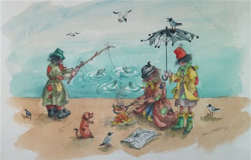 Lot 196 - 3 tramps fishing, cooking a fish on frying pan over open fire, using Financial Times for kindling