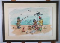 Lot 196 - 3 tramps fishing, cooking a fish on frying pan over open fire, using Financial Times for kindling