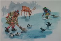Lot 216 - Albin Trowkski, Two tramps in highland dress playing curling on ice with stag on looking