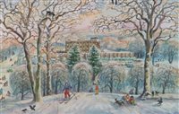 Lot 184 - Albin Trowski, Skiers on slopes in front of large country house