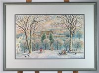 Lot 184 - Albin Trowski, Skiers on slopes in front of large country house