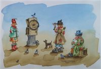 Lot 190 - Albin Trowski, Three tramps playing darts at old bicycle wheel