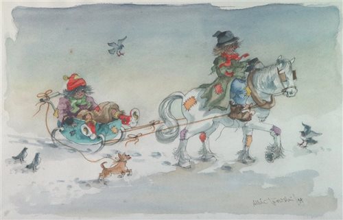 Lot 170 - Albin Trowski, One tramp on horse towing tramp in small sleigh behind