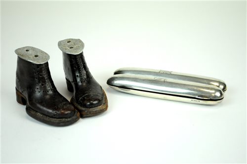 Lot 19 - Silver cigar case and a pair of miniature boots