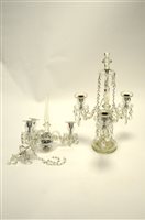 Lot 666 - A pair of good quality Czechoslovakian clear cut crystal three branch chandeliers