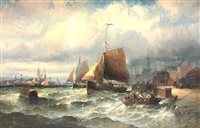 Lot 489 - William Thornley, Fishing boats in a busy harbour