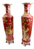 Lot 303 - Pair of large Chinese red lacquer temple vases