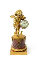 Lot 474 - A French ormolu and variegated red marble mantel time piece