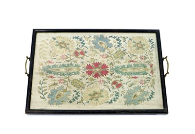 Lot 352 - A Victorian glazed embroidered panel tray