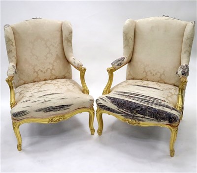 Lot 798 - Pair of Louis XV style wing back upholstered chairs