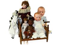 Lot 275 - Bisque and wax headed dolls and accessories.