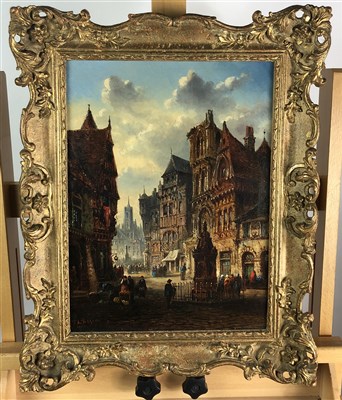 Lot 74 - Felice Auguste Rezia, oil on canvas, a continental street scene with figures