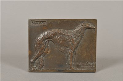 Lot 445 - A bronze relief plaque of a borzoi dog on side profile