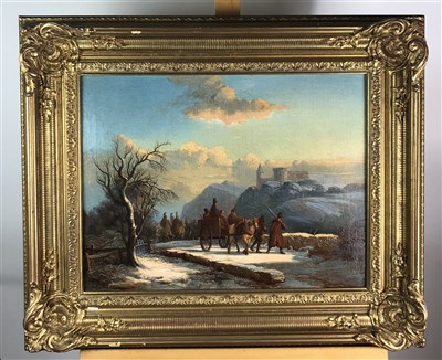 Lot 88 - A continental oil study of soldiers marching before a distant castle