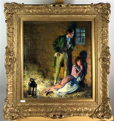 Lot 90 - Study of a courting couple in a stable, 19th century oil in pierced gilt frame, signed Gilbert
