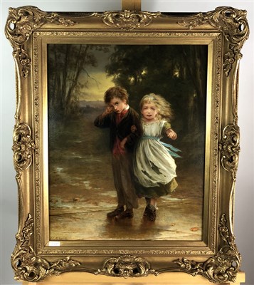 Lot 94 - Augustus Edwin Mulready 'Strayed' - an oil study of two lost children