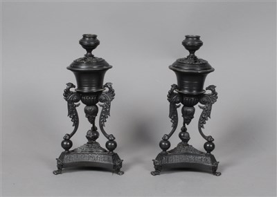 Lot 193 - A pair of bronze candlesticks and a twin inkwell Standish