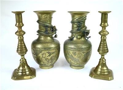 Lot 483 - Pair of Chinese brass vases and pair of brass candlesticks