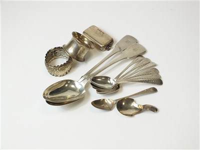 Lot 256 - A collection of silver spoons, napkin rings and cheroot case