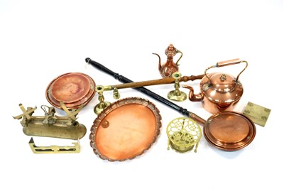 Lot 753 - A collection of antique copper and brass wares and a set of domestic kitchen scales