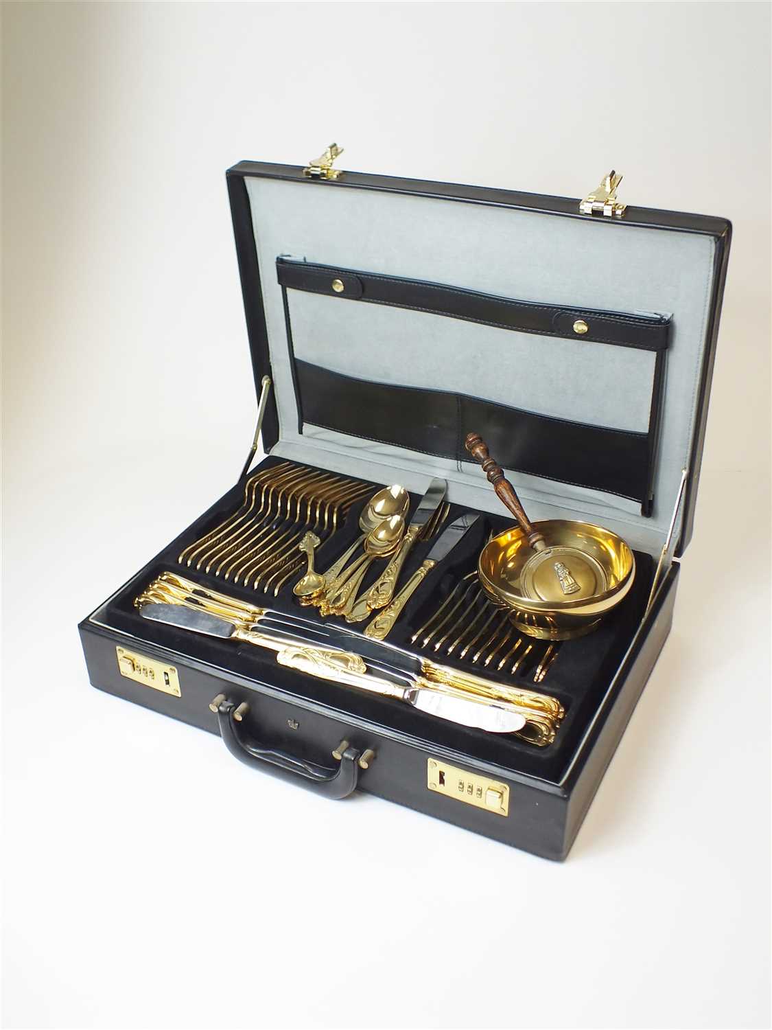 Lot 268 - A gilt plated canteen of cutlery and brass wares