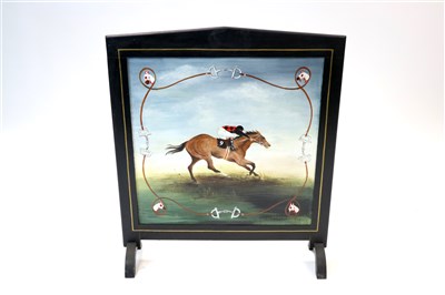 Lot 626 - A decorative hand-painted wooden fire screen of equestrian / horse racing interest