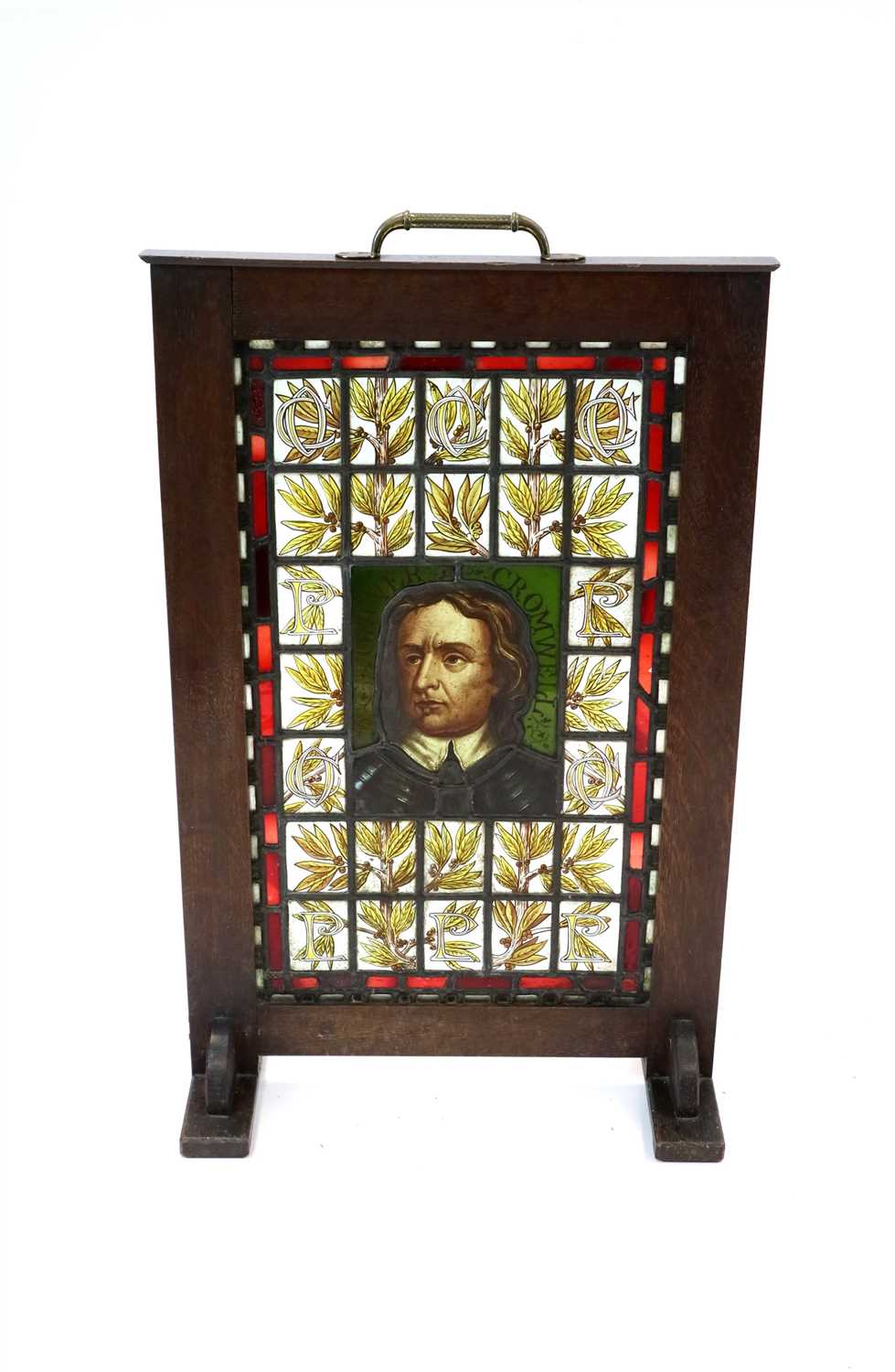 Lot 246 - A decorative 19th century oak framed stained glass panel / screen portrait of Oliver Cromwell