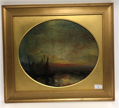 Lot 3 - British school, late 19th century, sunset over a harlow