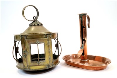 Lot 763 - A 19th century brass ceiling lantern and a copper chamber stick