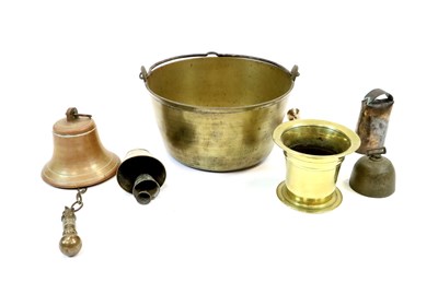 Lot 428 - A Victorian pestle and mortar, a bronze bell etc