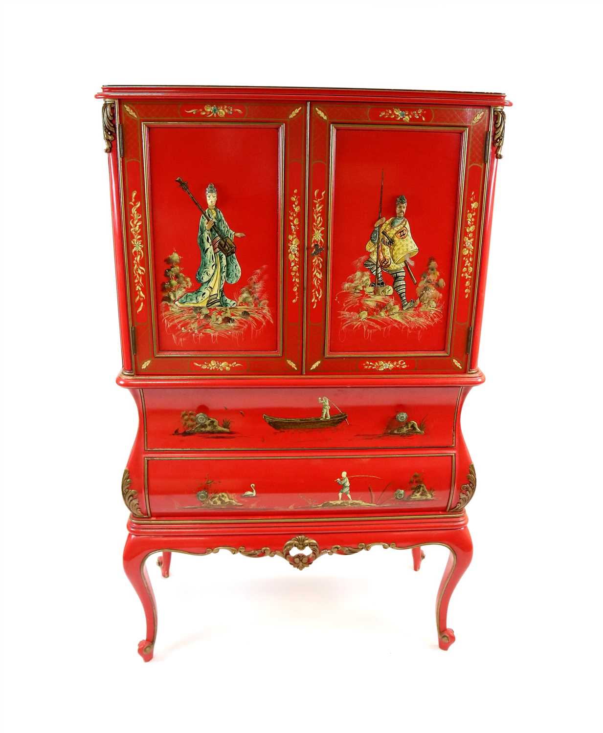Lot 667 - A decorative chinoiserie painted novelty Chinese musical cocktail cabinet on stand