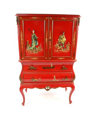 Lot 667 - A decorative chinoiserie painted novelty Chinese musical cocktail cabinet on stand