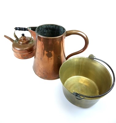 Lot 572 - A collection of metal wares to include a large 19th century copper jug / pail