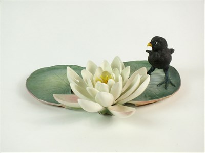 Lot 66 - A Royal Worcester model of a Moorhen Chick and a Water Lily