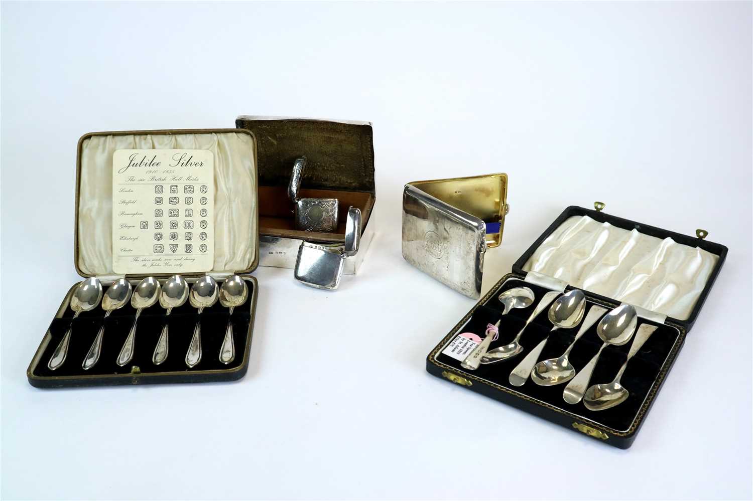 Lot 127 - Two cased sets of spoons, a cigar box, a cigarette case and vesta cases