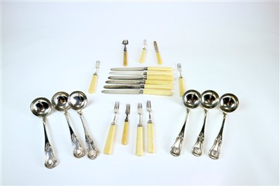 Lot 144 - A set of silver ladles and ivory handled knives and forks