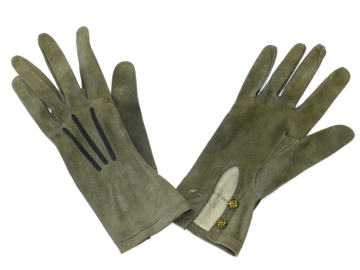 Lot 437 - A pair of 1930s grey-green suede gloves by Girault of France